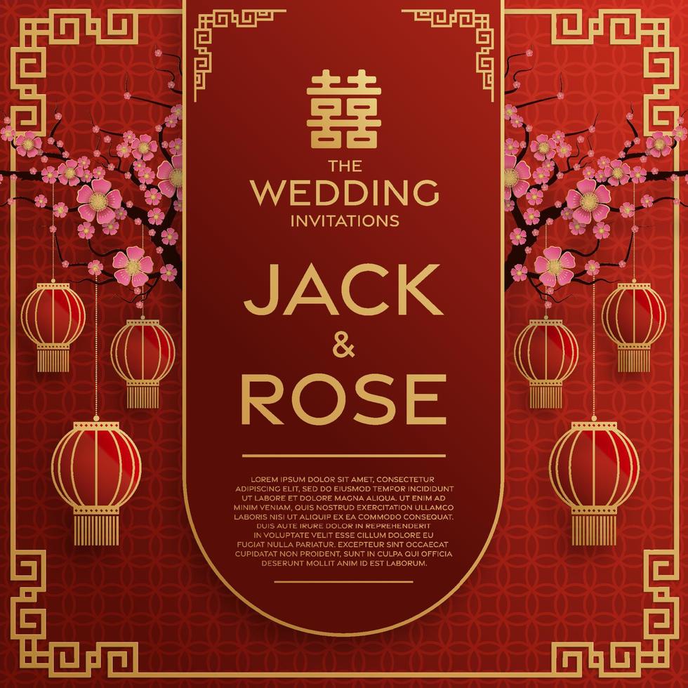 tarjeta tradicional de boda china con fondo rojo y dorado vector