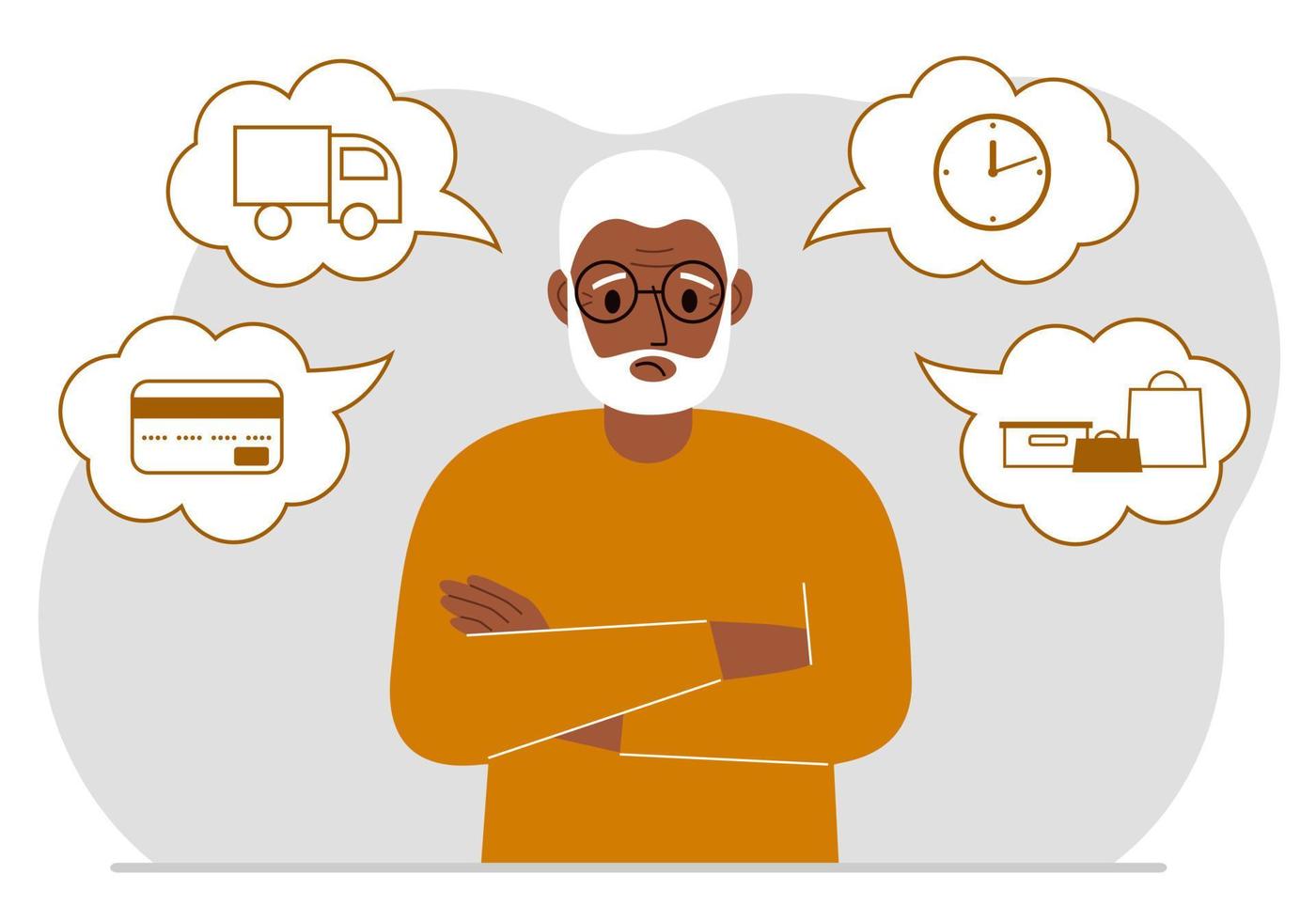 Ordering and delivery process concepts. Sad grandfather and steps of a delivery order. Payment, delivery car, waiting hours and goods and purchases. Vector flat illustration