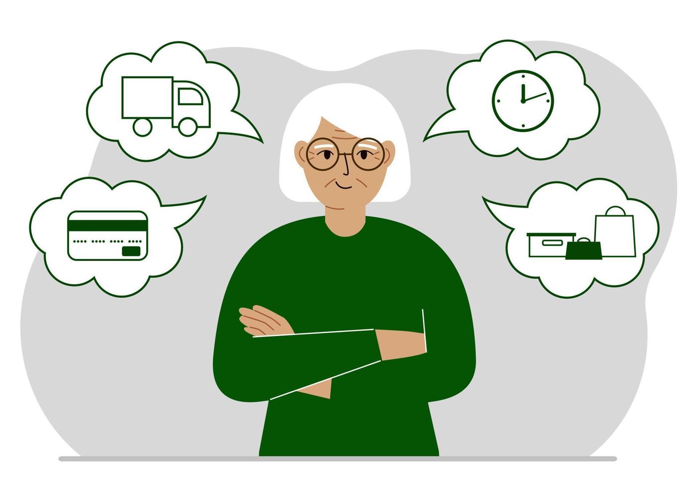 Ordering and delivery process concepts. Happy grandmother and steps of a delivery order. Payment, delivery car, waiting hours and goods and purchases. Vector flat illustration