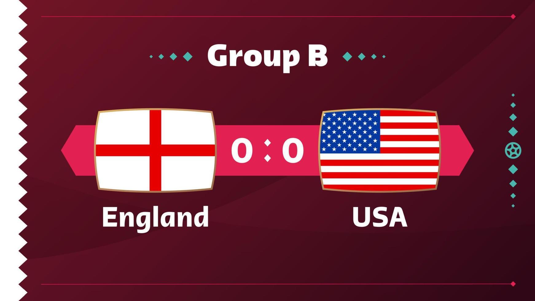 inglaterra vs usa, fútbol 2022, grupo b. partido de campeonato mundial de fútbol versus antecedentes deportivos de introducción de equipos, afiche final de la competencia de campeonato, ilustración vectorial. vector