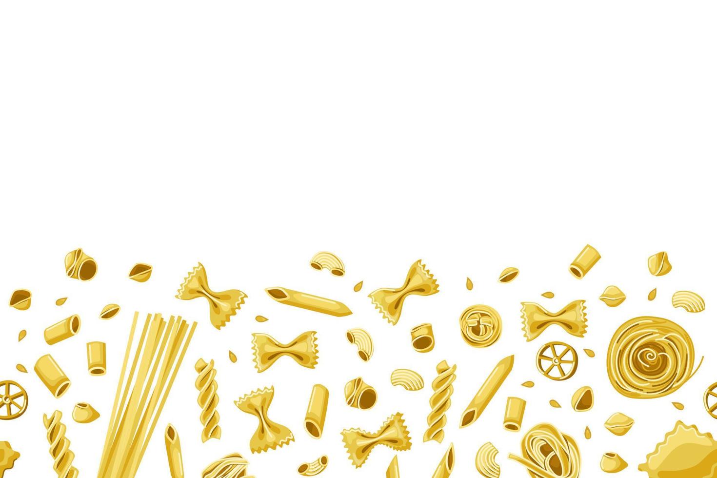 Various macaroni seamless background. Italian cuisine. Homemade pasta. Decor of the restaurant menu. Vector cartoon illustration