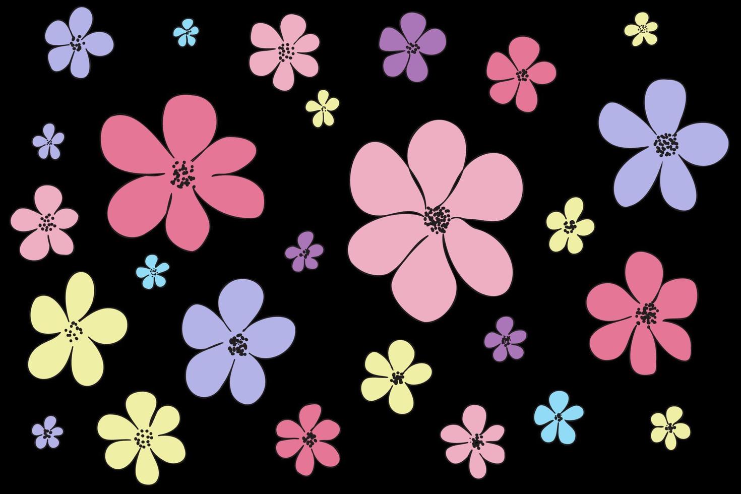 five-leaf and six-leaf colored flowers on a purple background, designed for fabric printing, postcard, valentine, March 8 vector