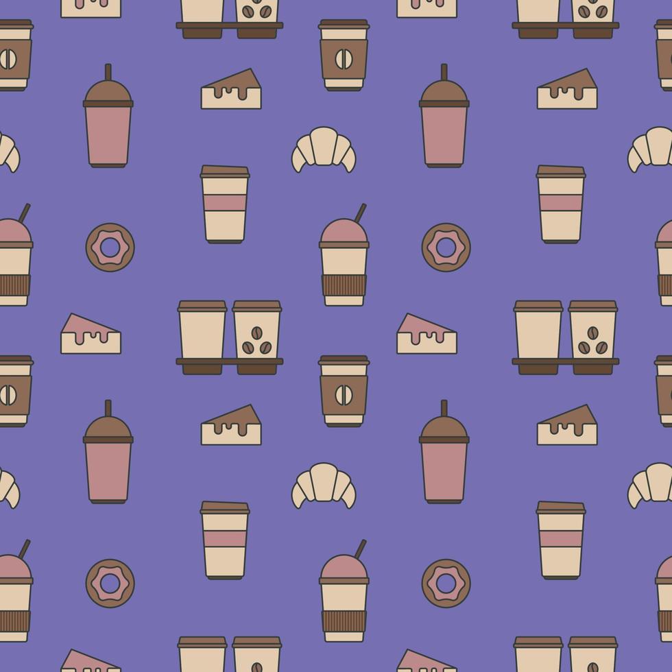 Seamless texture from coffee cups, donuts and croissants, pattern, abstract background, wallpaper vector
