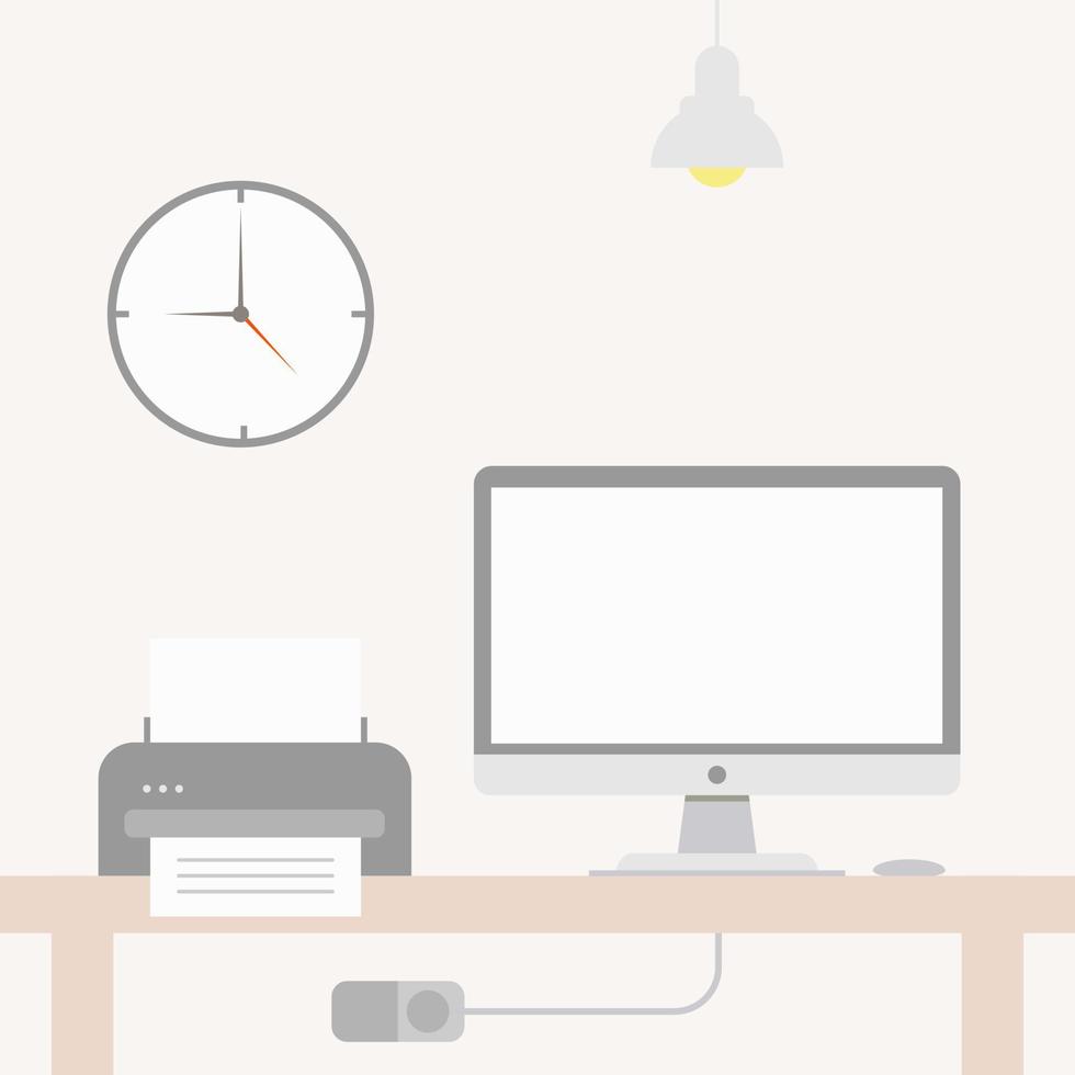 Office desk or table with computer. Business workspace or interior. Workplace in flat style. Vector illustration.