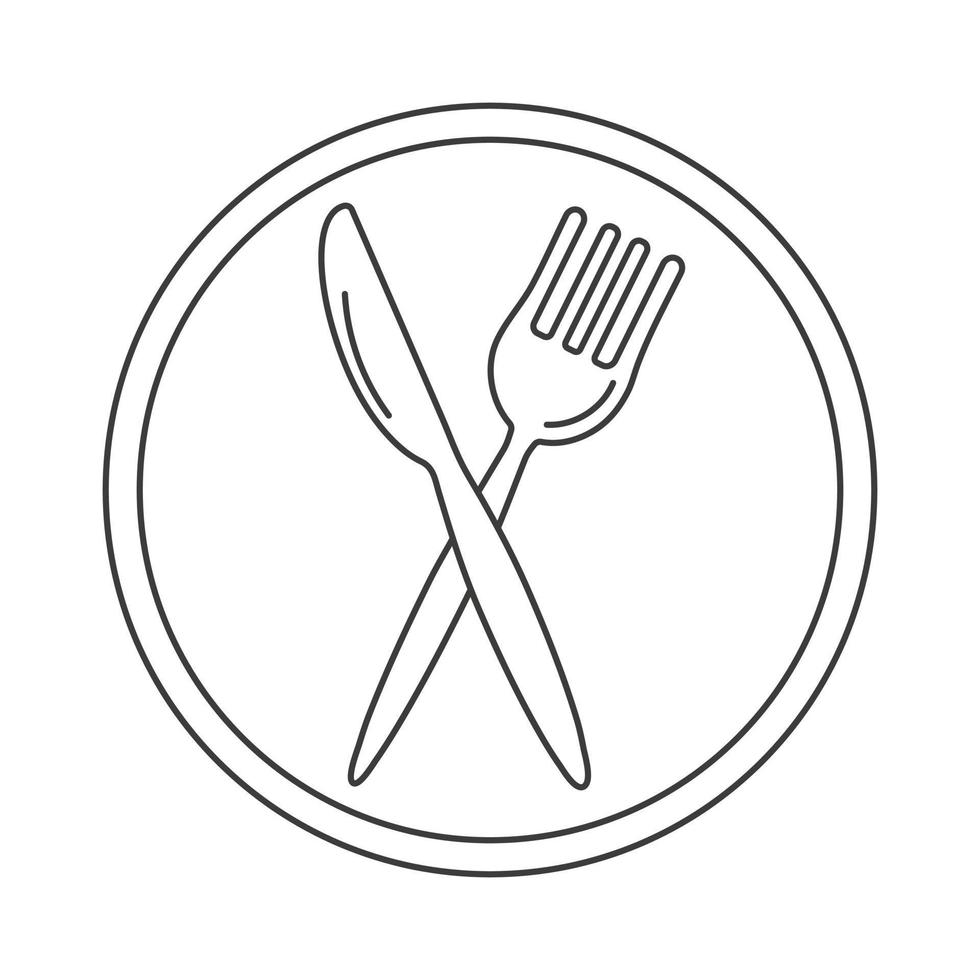 Plate, fork and knife icon set. Line of cutlery for the restaurant business isolated on white background. Vector illustration