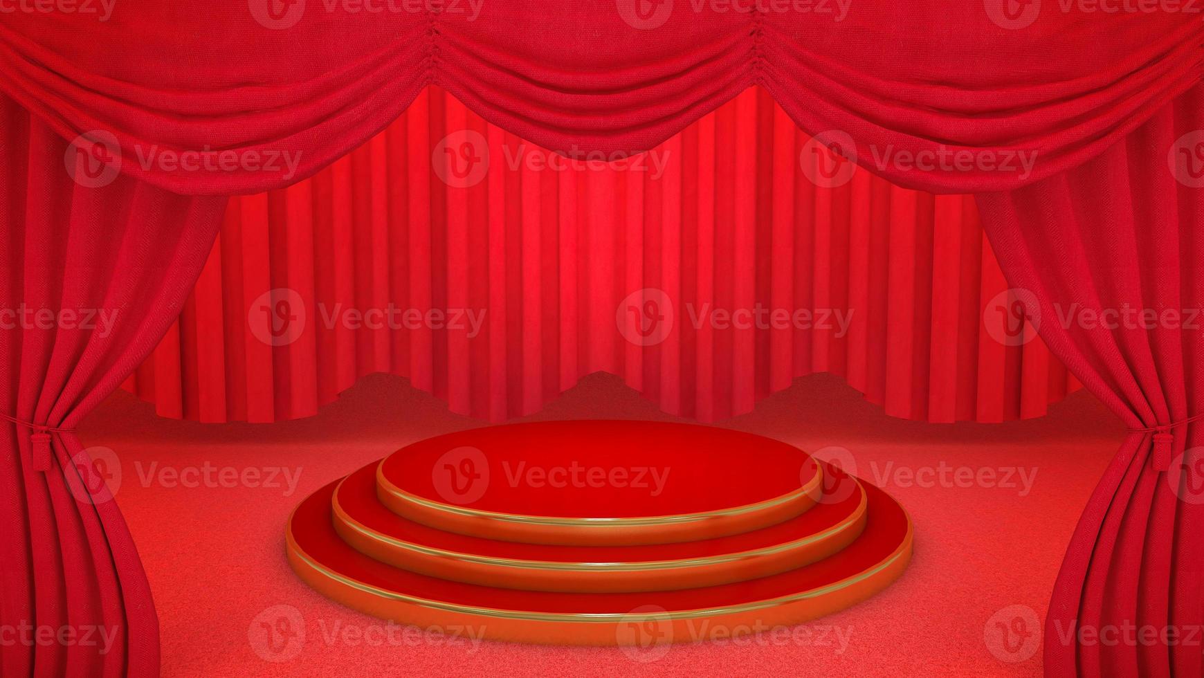 Red and gold Stage on red theatre curtain background., 3D rendering. photo