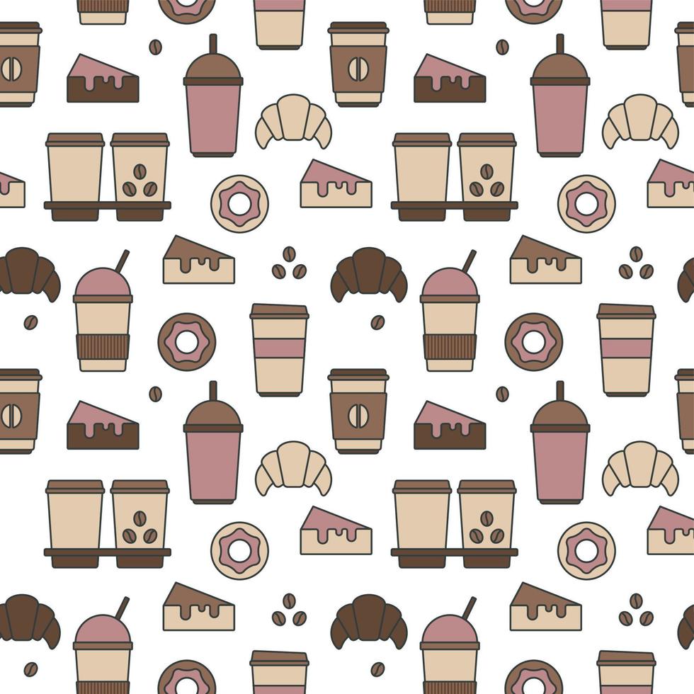 Seamless texture from coffee cups, donuts and croissants, pattern, abstract background, wallpaper vector