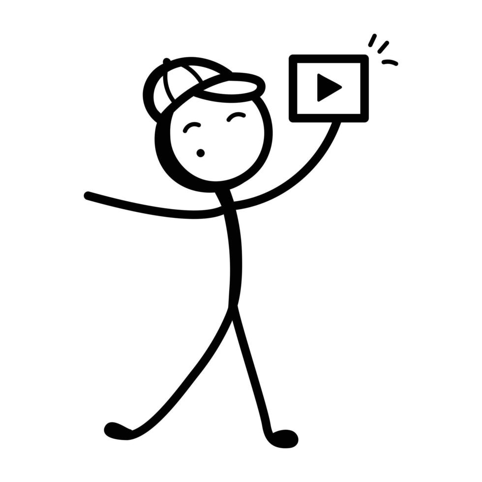 Stick figure recording blog, hand drawn icon of vlog vector