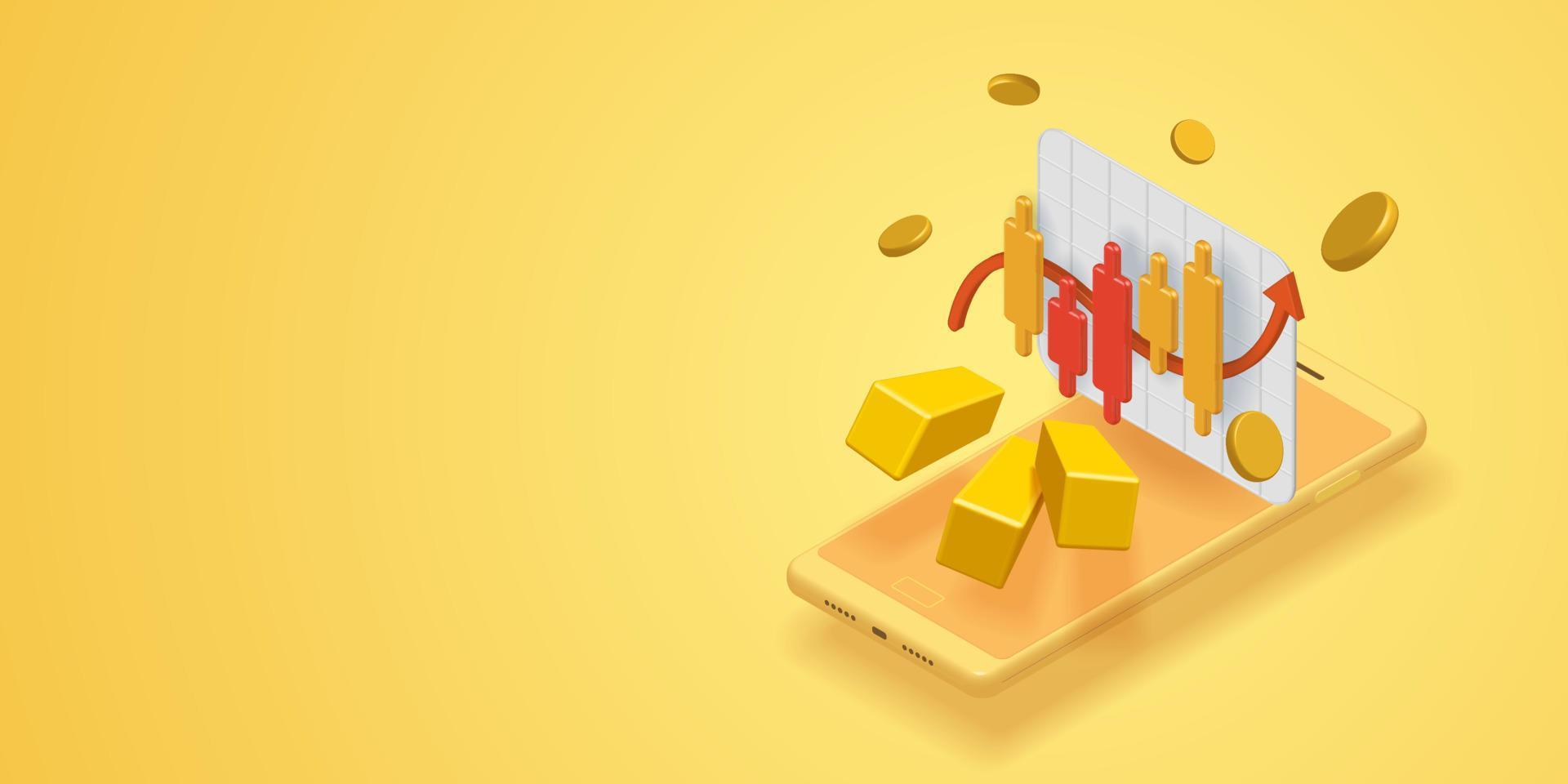 Candlestick chart graphs and gold bars buying and selling gold via