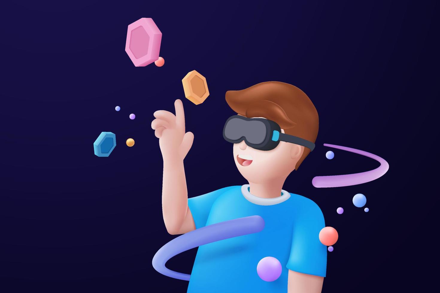 Metaverse technology future 3d concept. VR virtual reality headset with floating objects around for playing a video game isolated blue background. 3d vector render with Metaverse futuristic concept