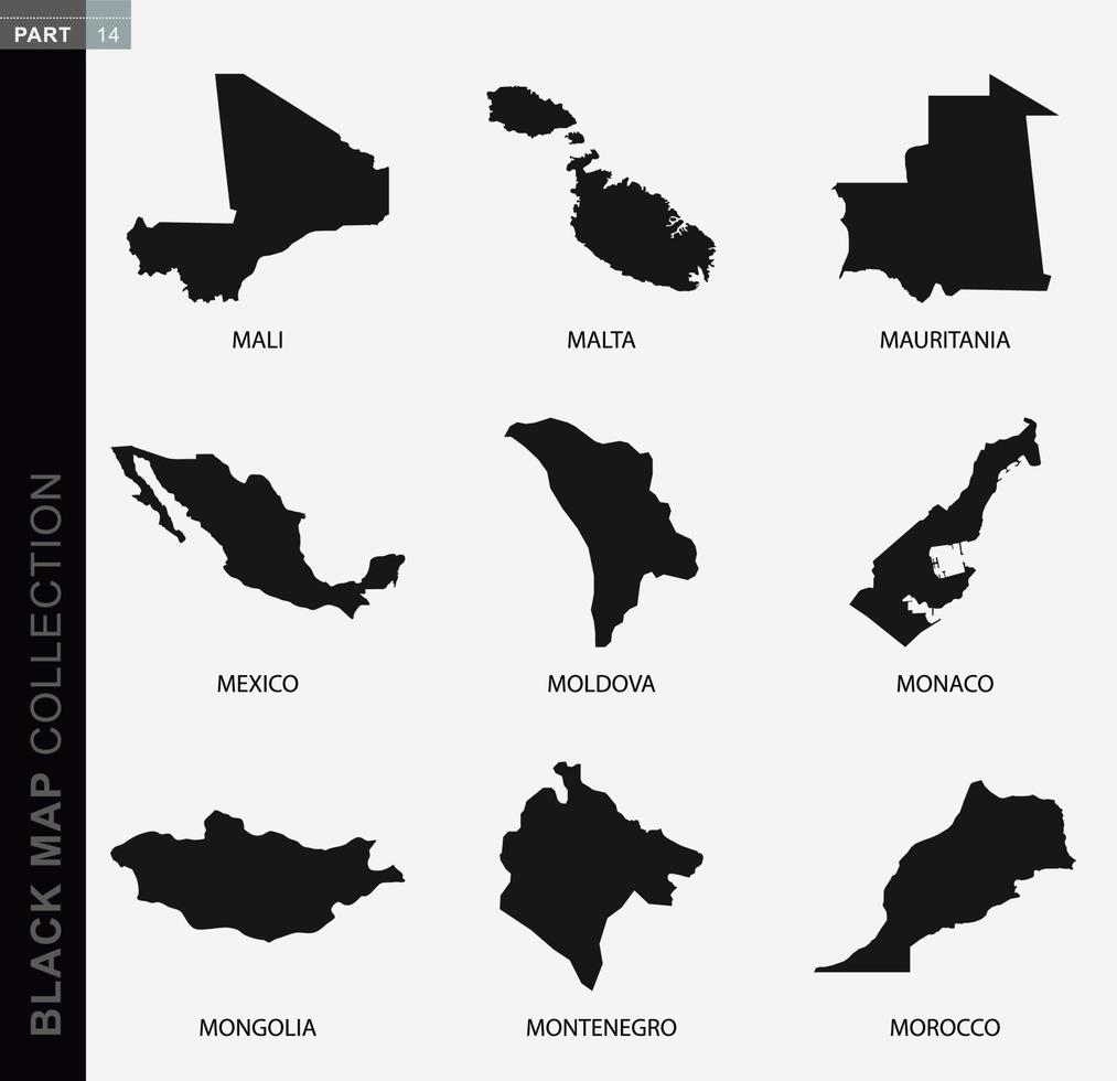 Black map collection, black contour maps of World. vector