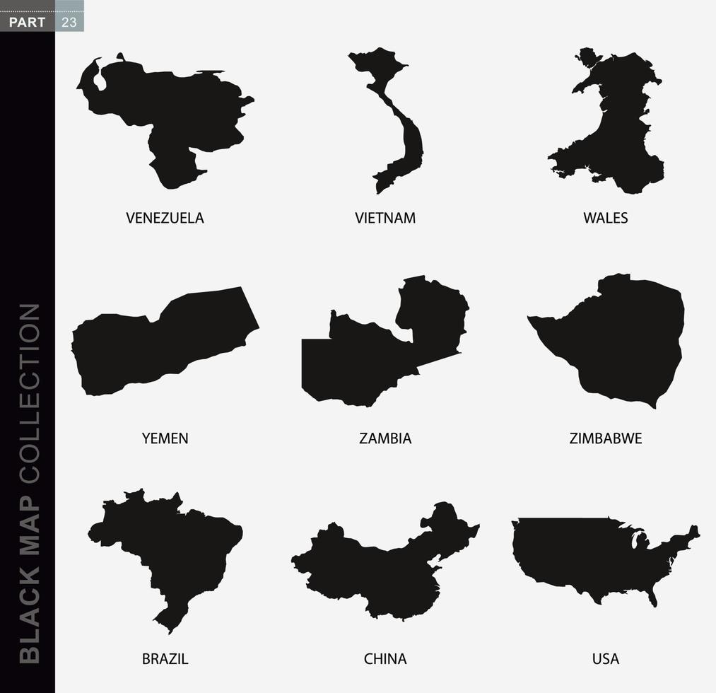 Black map collection, black contour maps of World. vector