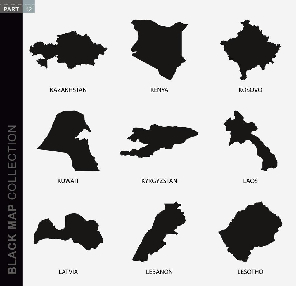 Black map collection, black contour maps of World. vector