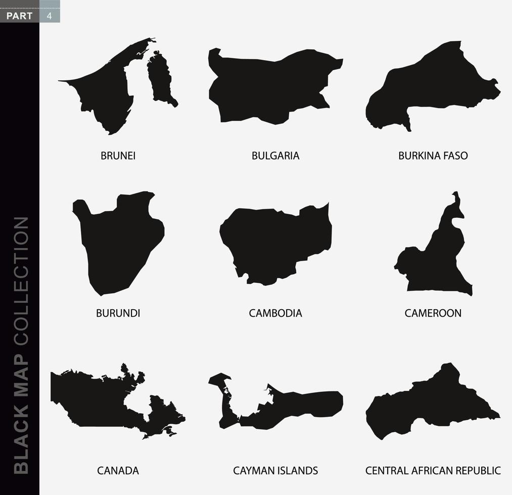 Black map collection, black contour maps of World. vector