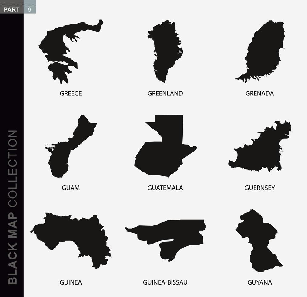 Black map collection, black contour maps of World. vector