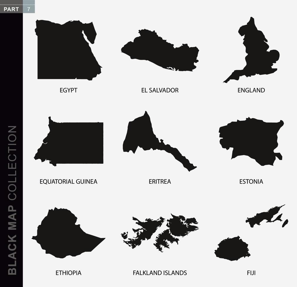 Black map collection, black contour maps of World. vector