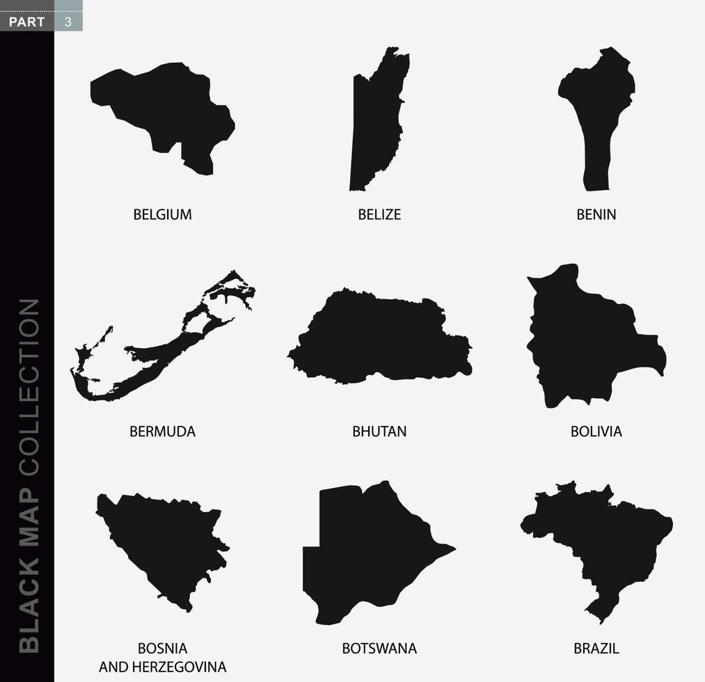 Black map collection, black contour maps of World. vector