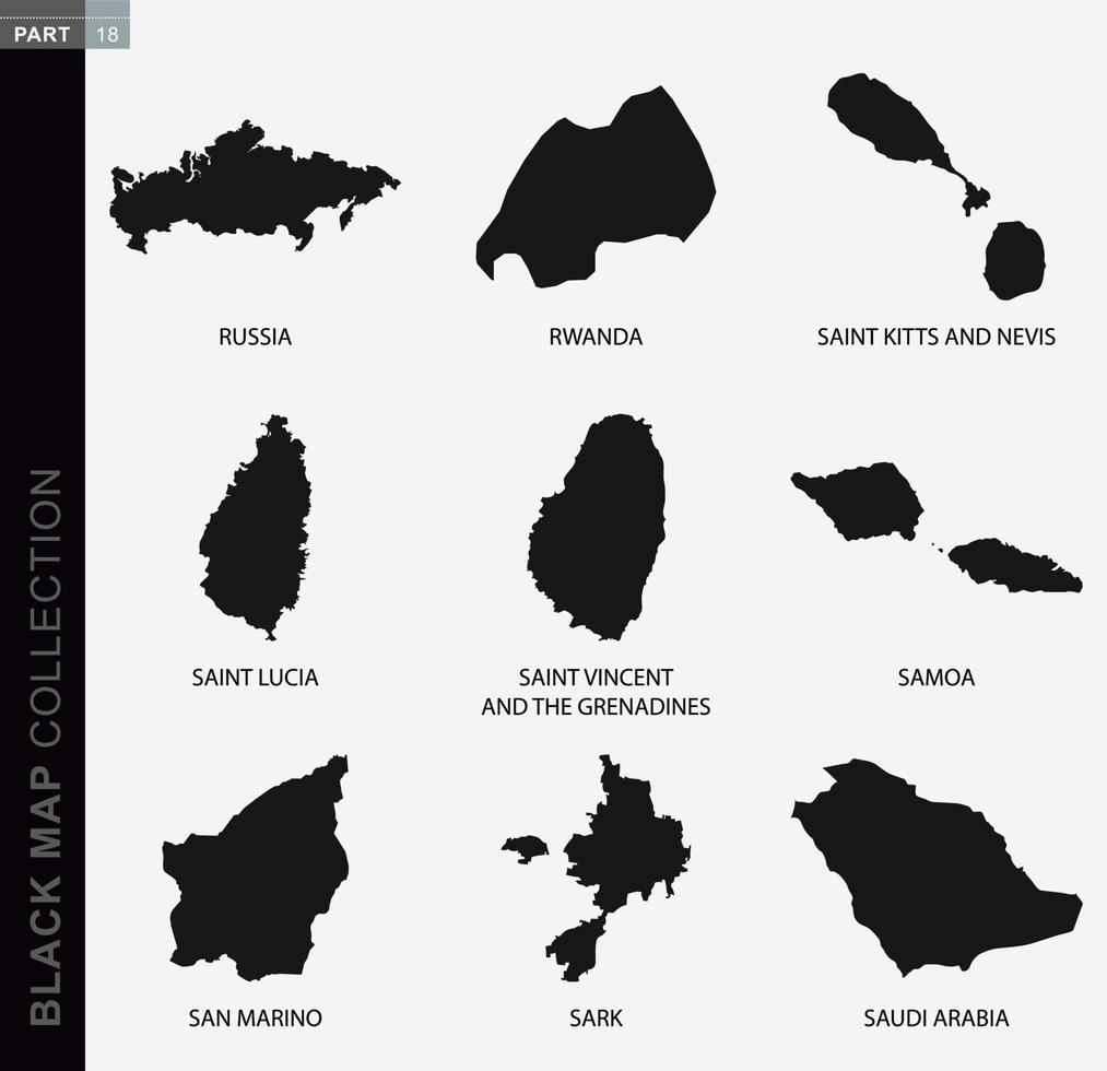 Black map collection, black contour maps of World. vector