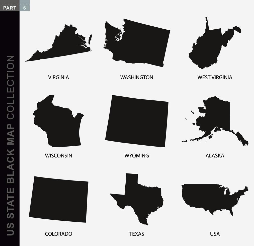 Black map collection of USA states, black contour maps. vector