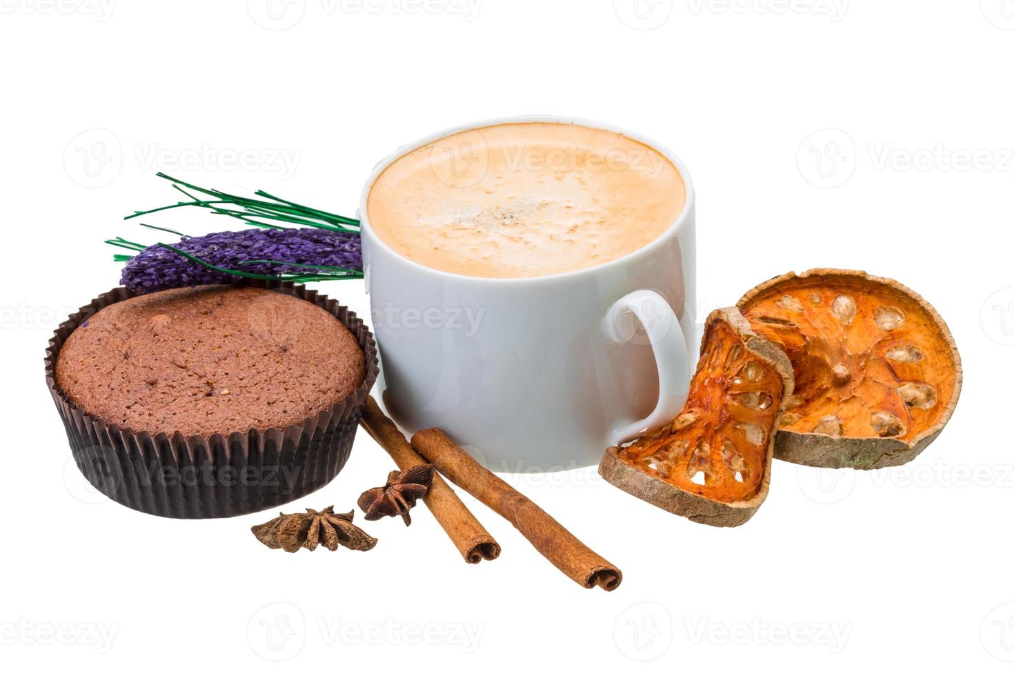 Muffin with coffee on white background photo