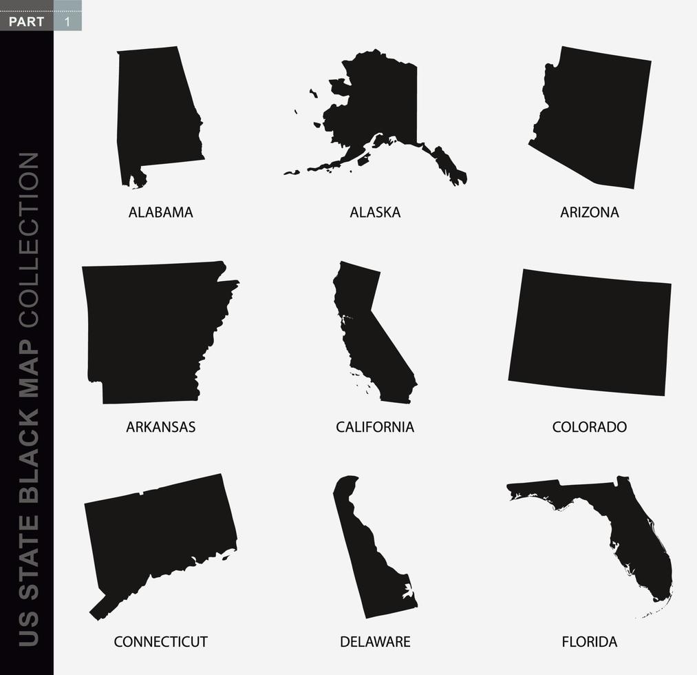 Black map collection of USA states, black contour maps. vector