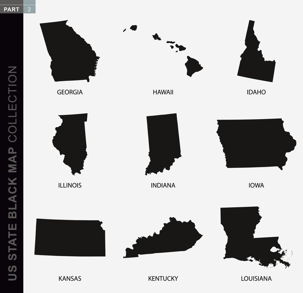 Black map collection of USA states, black contour maps. vector