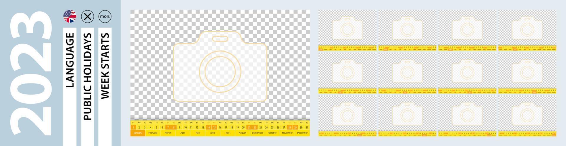 Calendar template for 2023 in English language, desk calendar with place for image. vector