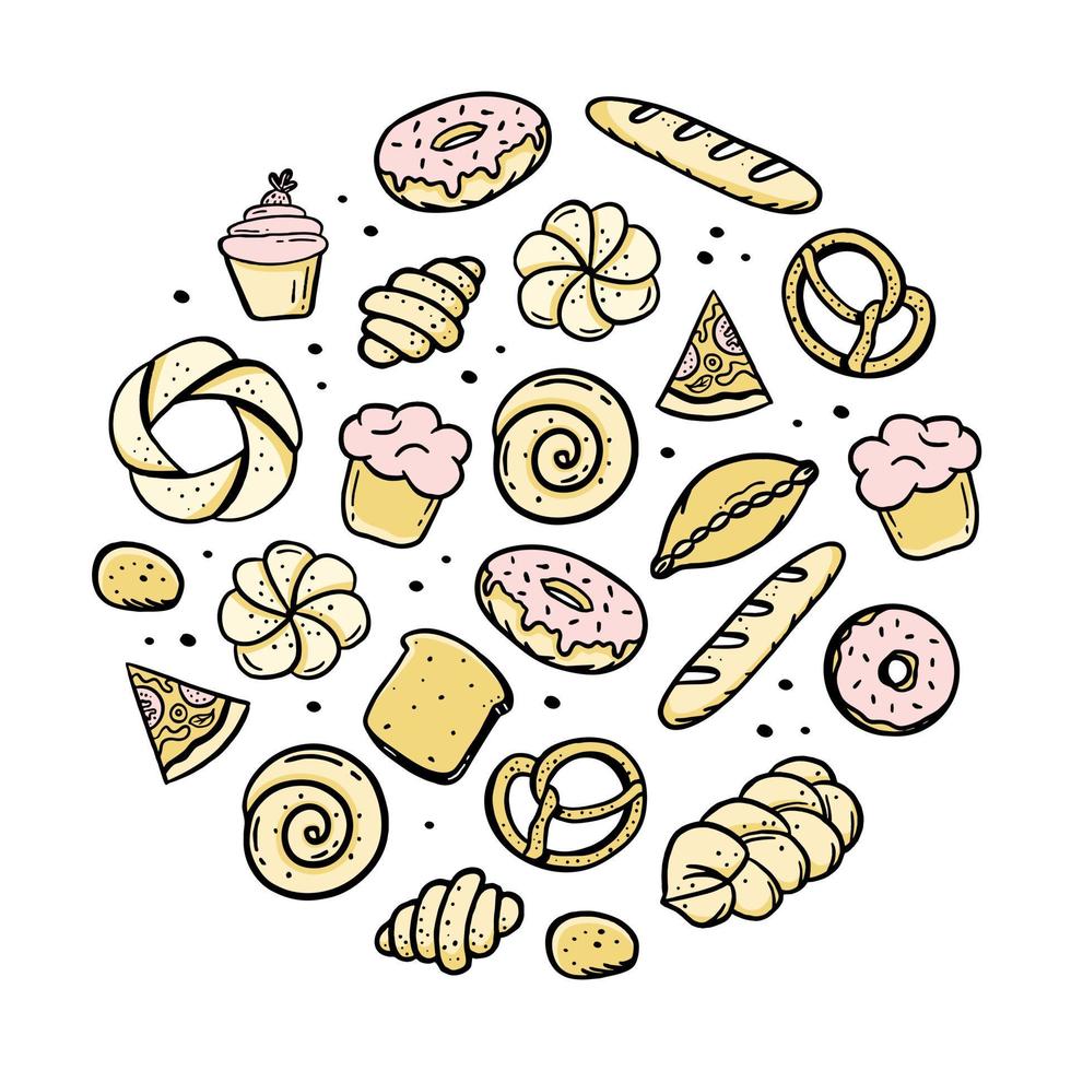 un conjunto dibujado a mano de elementos de panadería bretzel croissant pan donut baguette vector al estilo de un boceto de garabato. para menús de cafetería y panadería