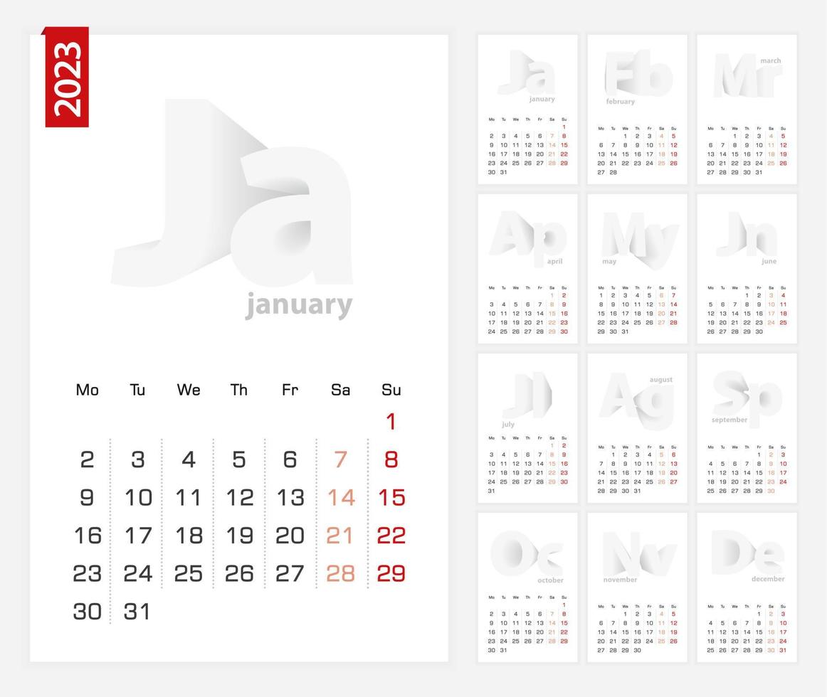 Calendar 2023 template, minimalist calendar set for 2023 year. vector