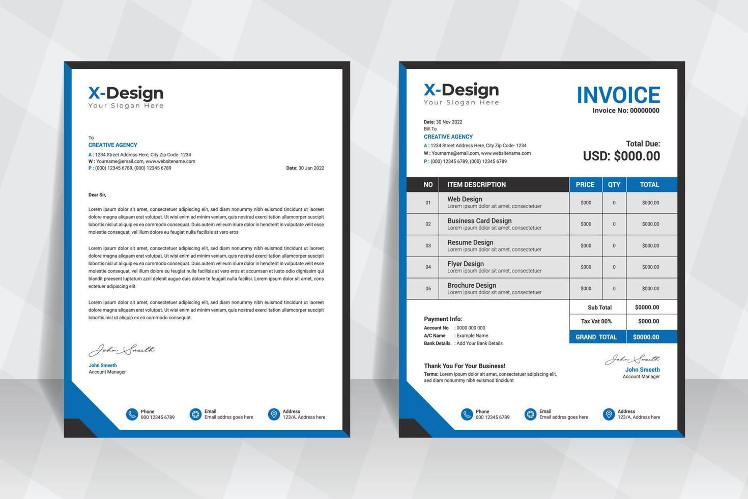 Corporate business letterhead and invoice template, business branding identity design template vector