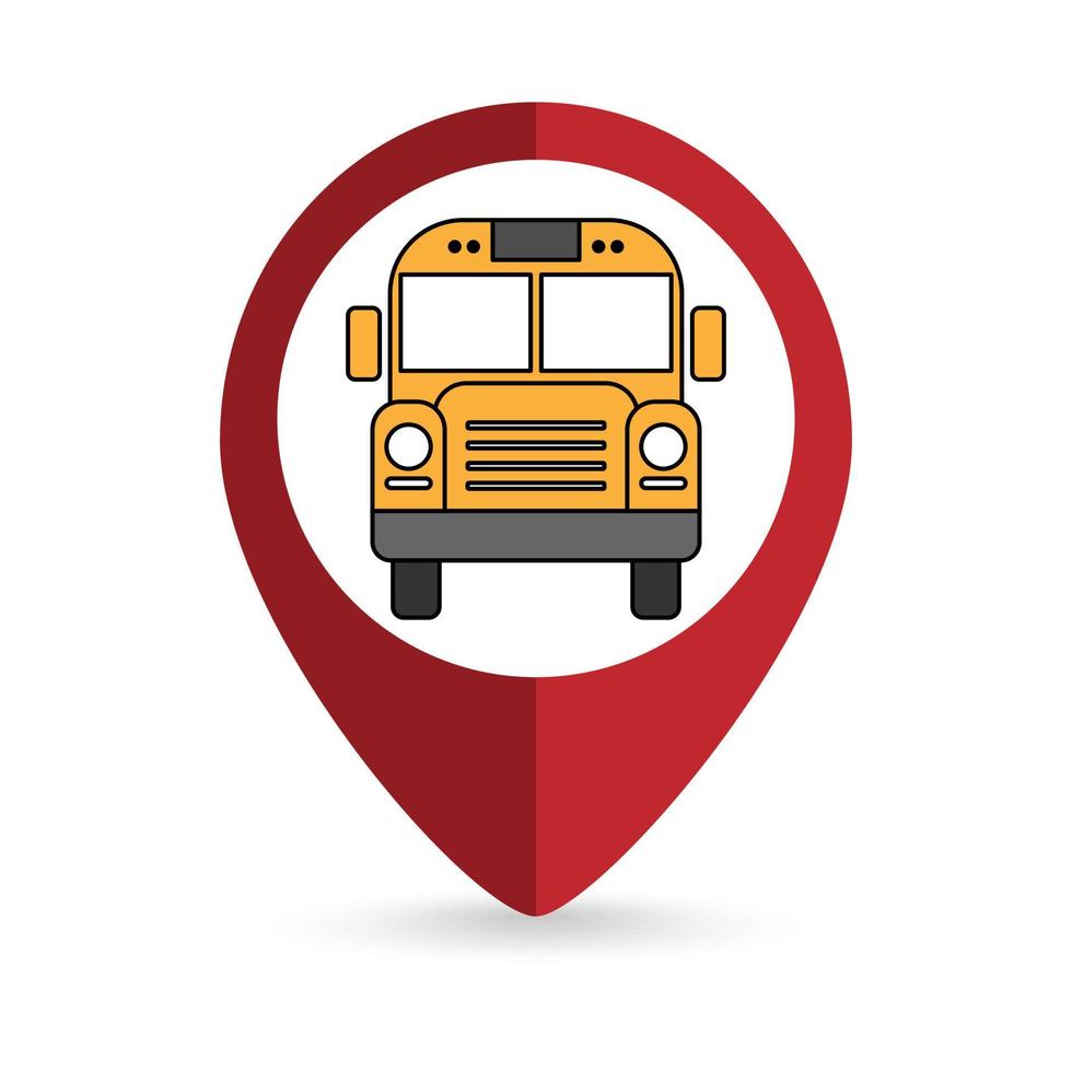 Map pointer with Yellow School bus icon. Vector illustration.