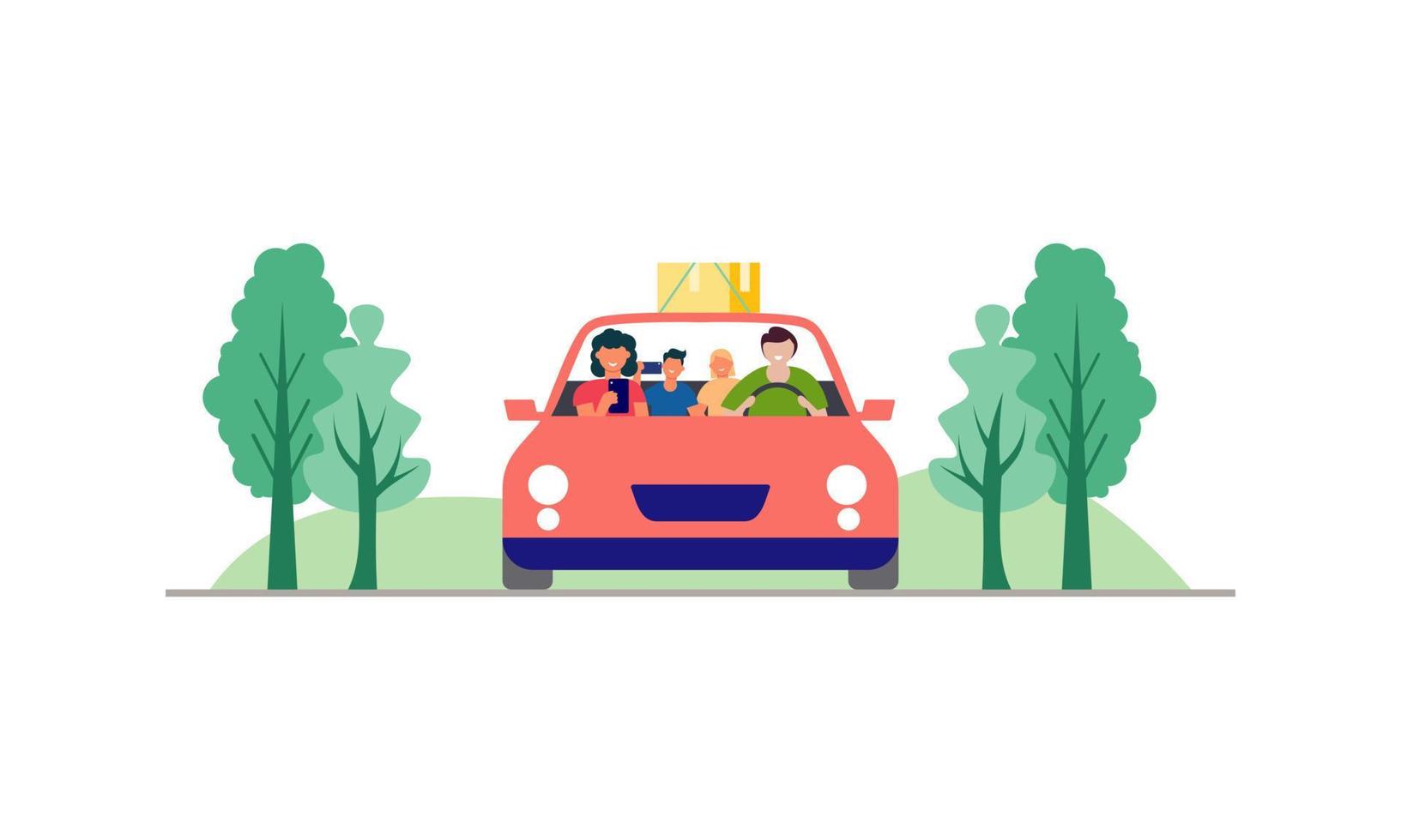 familia feliz viajando en coche ilustración. viaje, viaje por carretera, concepto de transporte vector