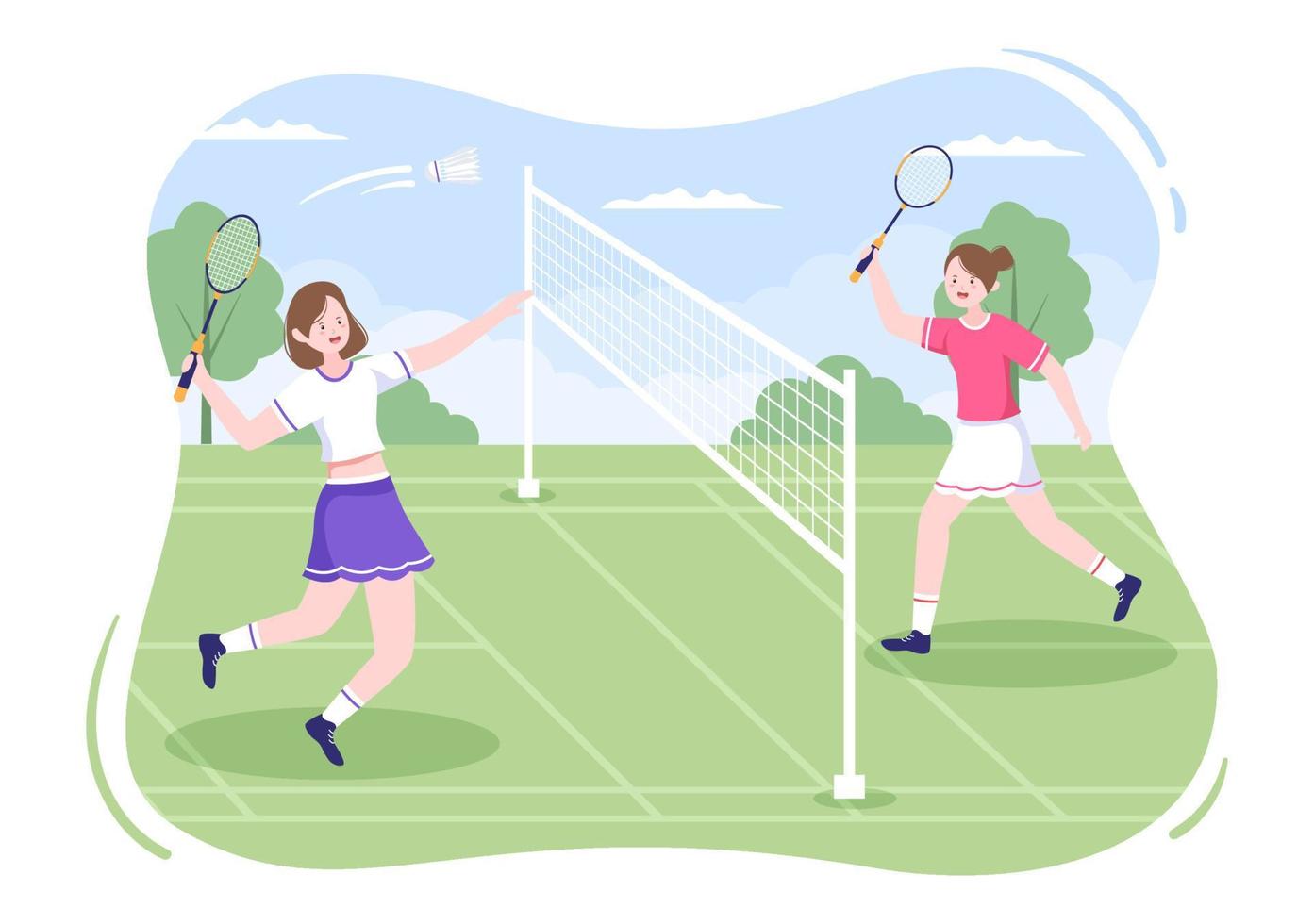 jugador de bádminton con lanzadera en la cancha en ilustración de dibujos animados de estilo plano. juego deportivo feliz y diseño de ocio vector