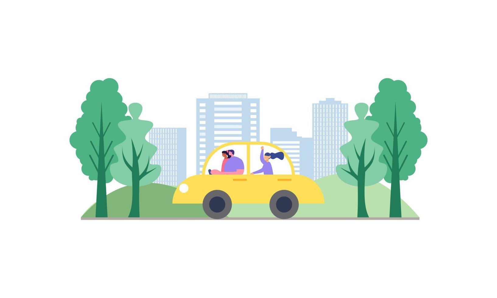 Happy family travelling by car illustration. Travel, road trip, transportation concept vector