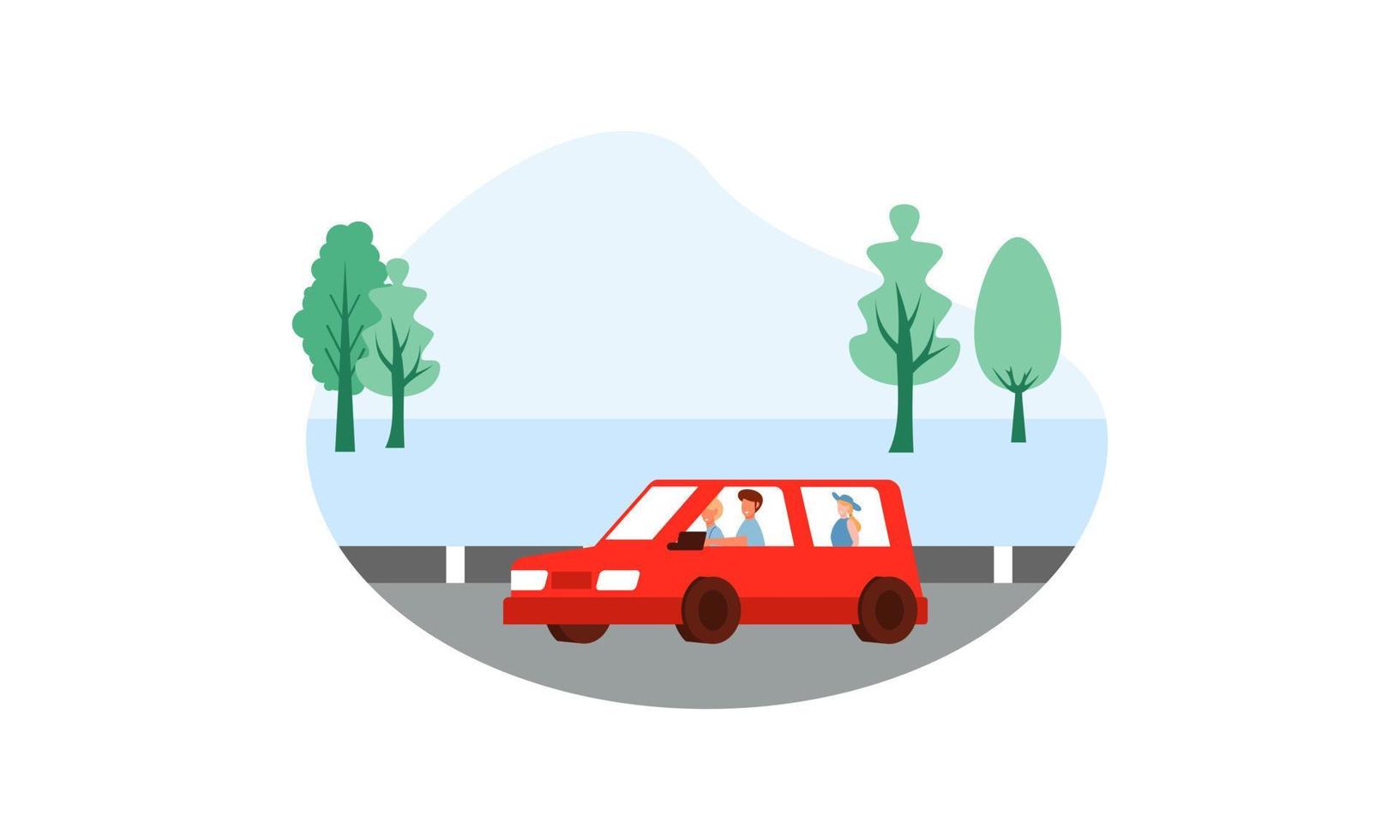 Happy family travelling by car illustration. Travel, road trip, transportation concept vector