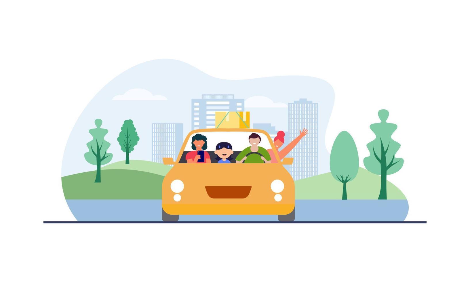 familia feliz viajando en coche ilustración. viaje, viaje por carretera, concepto de transporte vector