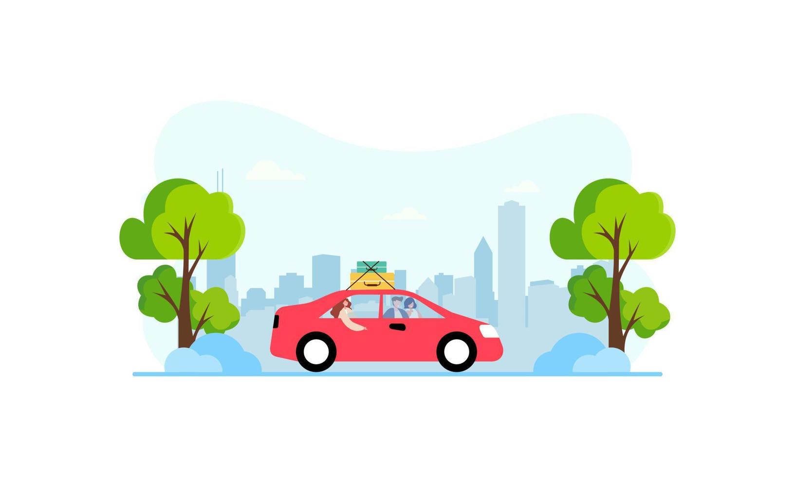 Happy family travelling by car illustration. Travel, road trip, transportation concept vector