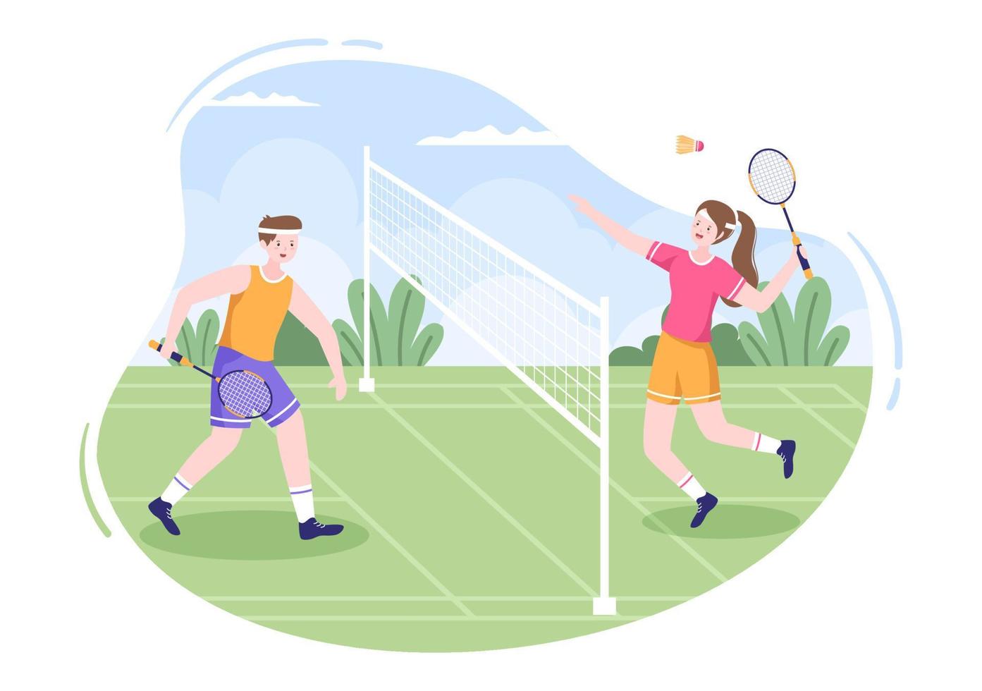 jugador de bádminton con lanzadera en la cancha en ilustración de dibujos animados de estilo plano. juego deportivo feliz y diseño de ocio vector