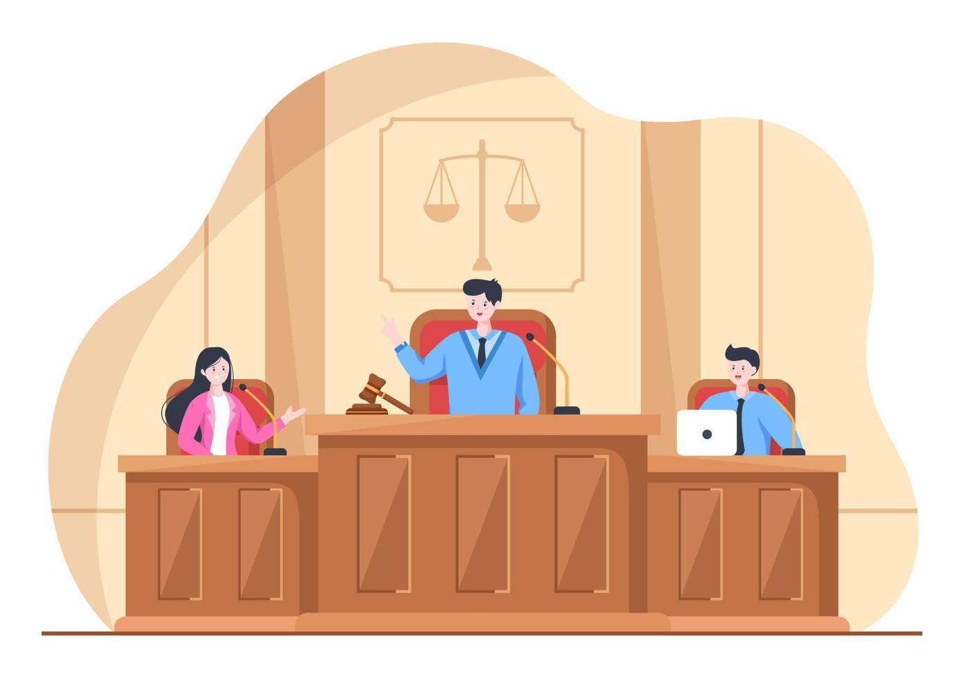 sala del tribunal con abogado, juicio con jurado, testigo o jueces y el martillo del juez de madera en una ilustración plana de diseño de dibujos animados vector