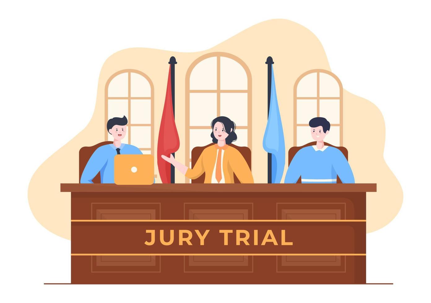 sala del tribunal con abogado, juicio con jurado, testigo o jueces y el martillo del juez de madera en una ilustración plana de diseño de dibujos animados vector