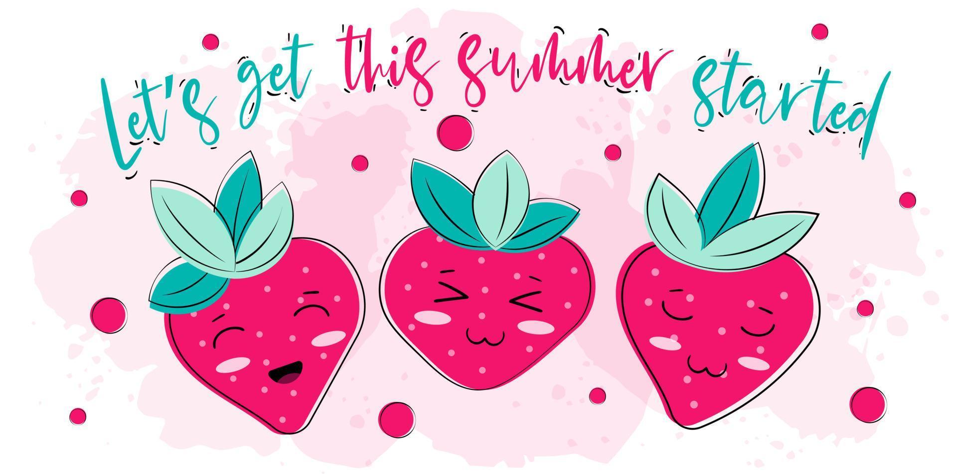 Cartoon funny strawberry character with summer lettering quotes. With watercolor vector brush shapes. Juice spots. Printable card. Good for prints, children products.