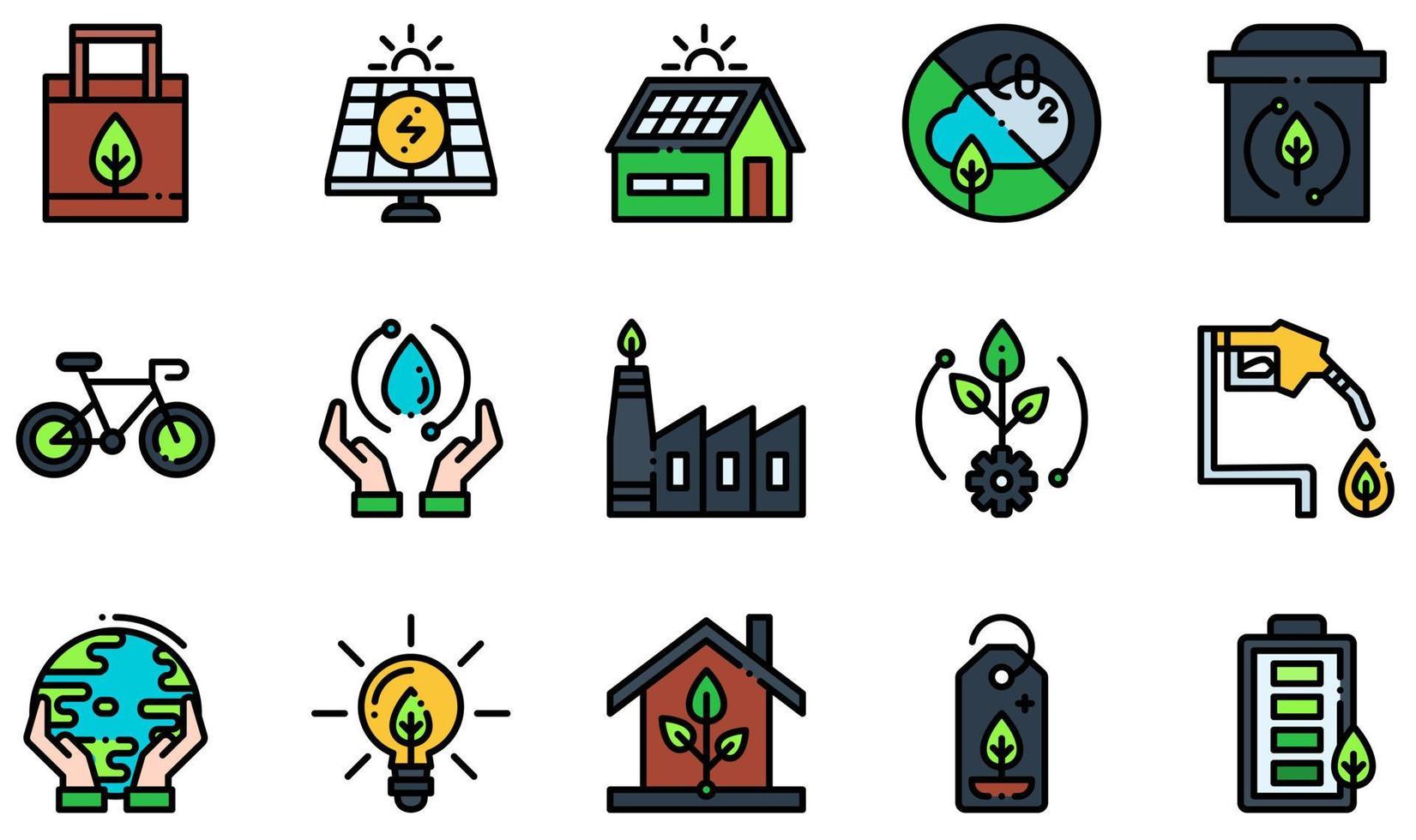 conjunto de iconos vectoriales relacionados con la ecología. contiene íconos como bolsa ecológica, panel solar, emisión cero, papelera de reciclaje, ecosistema, protección de la tierra y más. vector