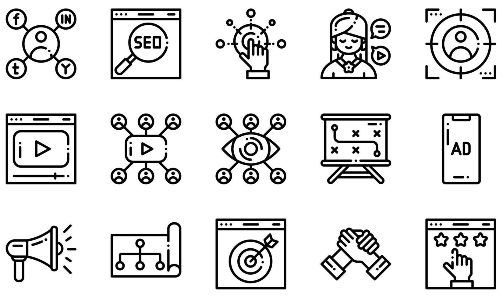 Set of Vector Icons Related to Digital Marketing. Contains such Icons as Social Marketing, Seo, Influencer, Video Marketing, Megaphone, Online Marketing and more.