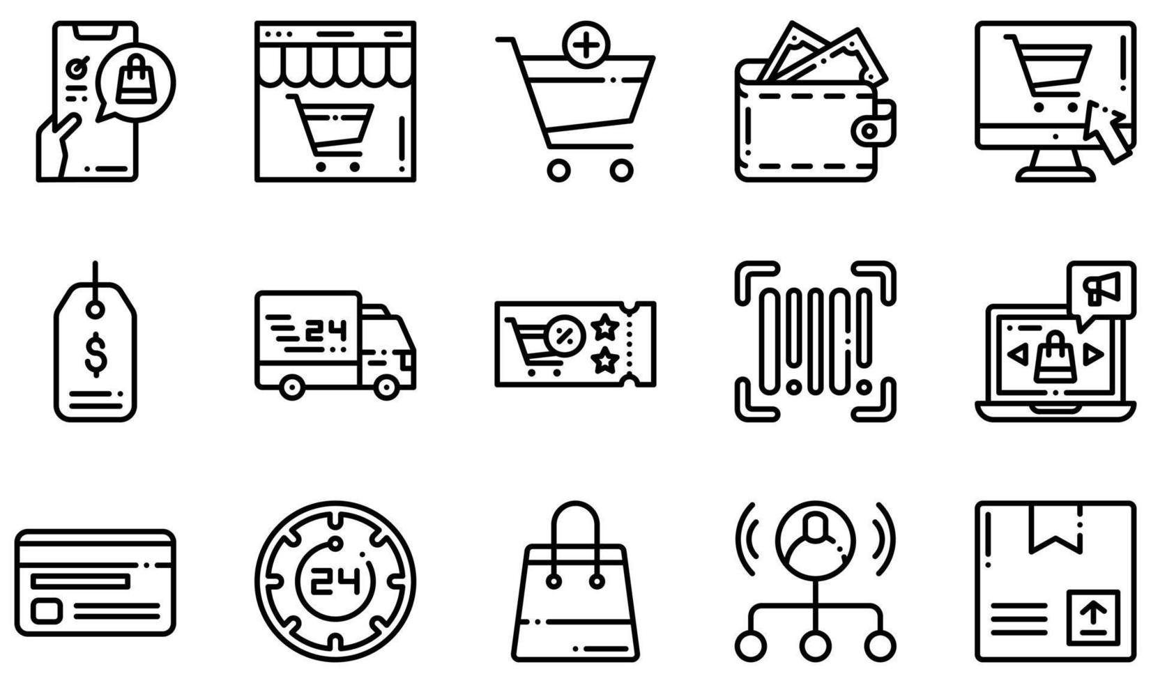 conjunto de iconos vectoriales relacionados con el comercio electrónico. contiene íconos como compras en línea, autos de entrega, marketing en línea, billetera, marketing de afiliados, tienda y más. vector