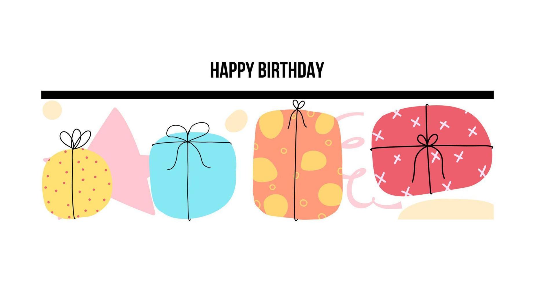 banner de feliz cumpleaños con cajas de regalo. ilustración vectorial vector