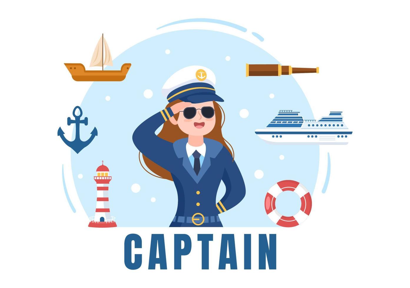 Woman Cruise Ship Captain Cartoon Illustration in Sailor Uniform Riding a Ships, Looking with Binoculars or Standing on the Harbor in Flat Design vector