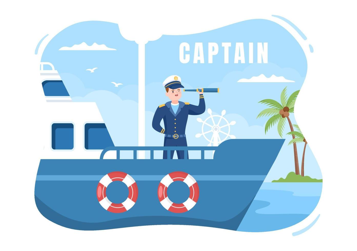 hombre capitán de crucero ilustración de dibujos animados en uniforme de marinero montando un barco, mirando con binoculares o parado en el puerto en diseño plano vector