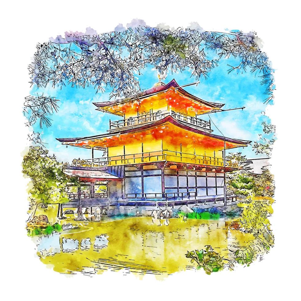 templo kinkakuji japón acuarela boceto dibujado a mano ilustración vector