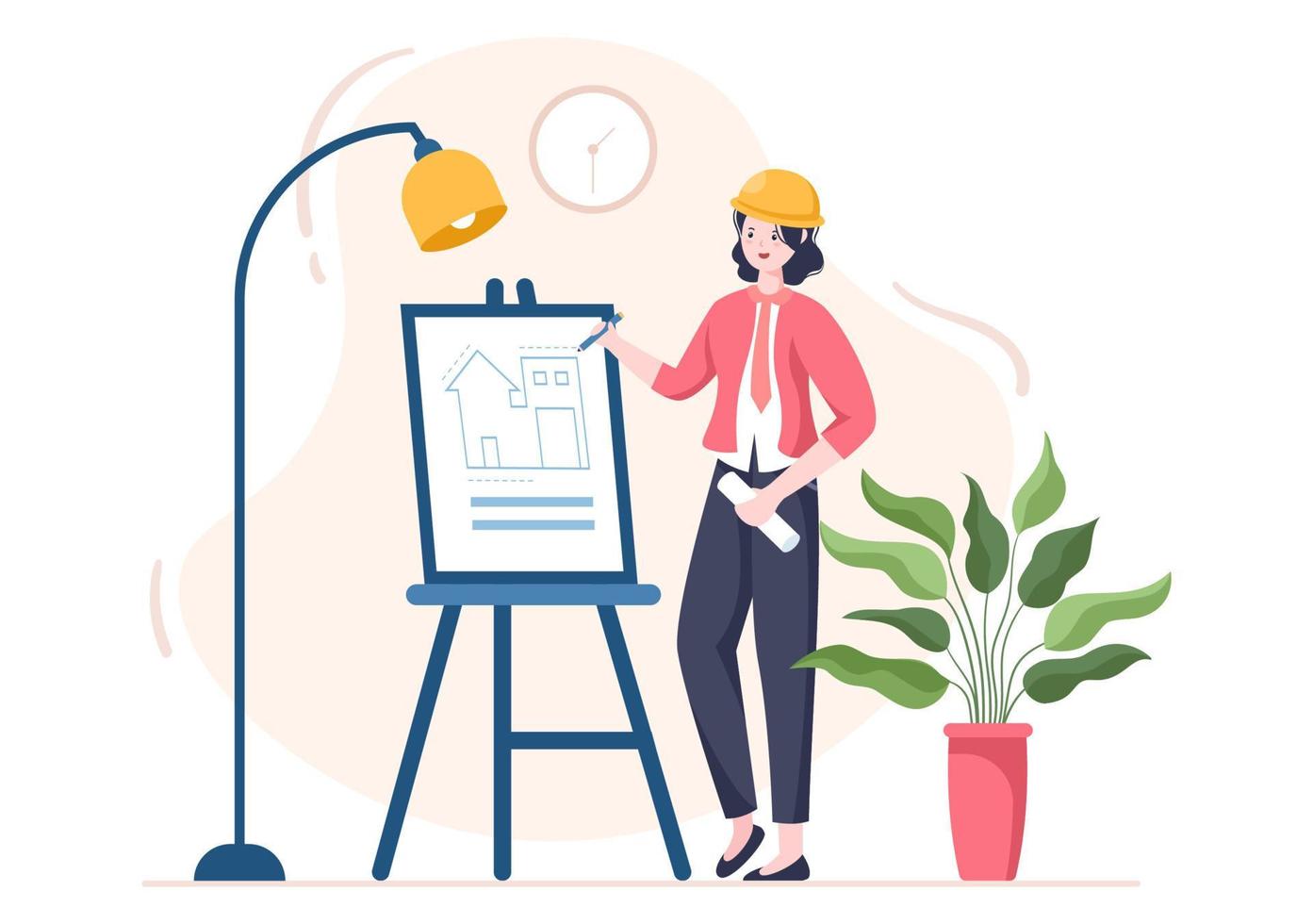 Architect or Engineer Cartoon Illustration using a Multipurpose Board Table to Sketch Building Constructions and Project Miniatures Concept vector