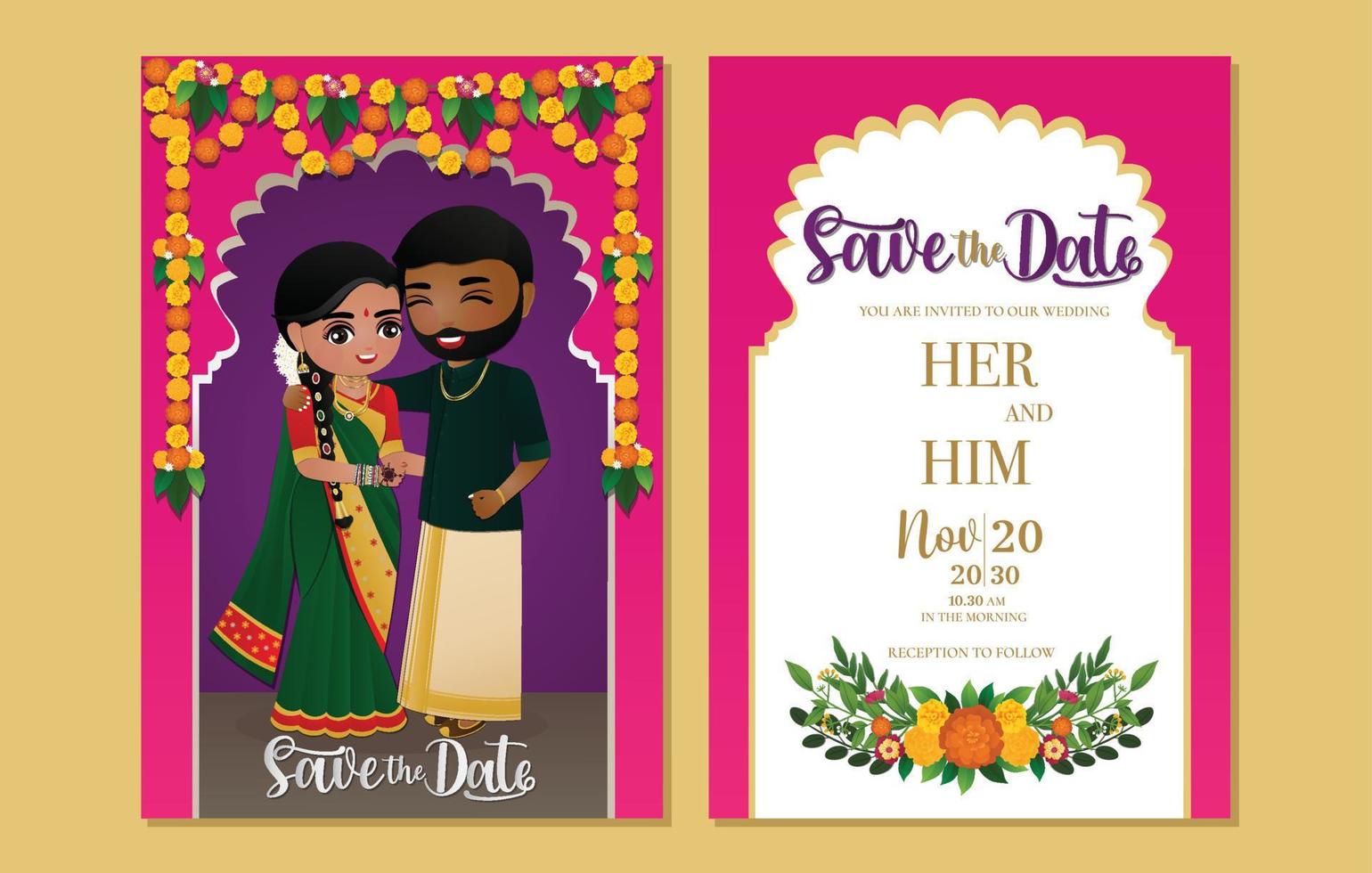 tarjeta de invitación de boda india lindo personaje de dibujos animados de pareja hindú en vista frontal y posterior vector